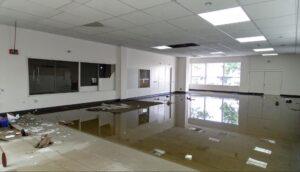 Commercial building with visible storm or fire damage