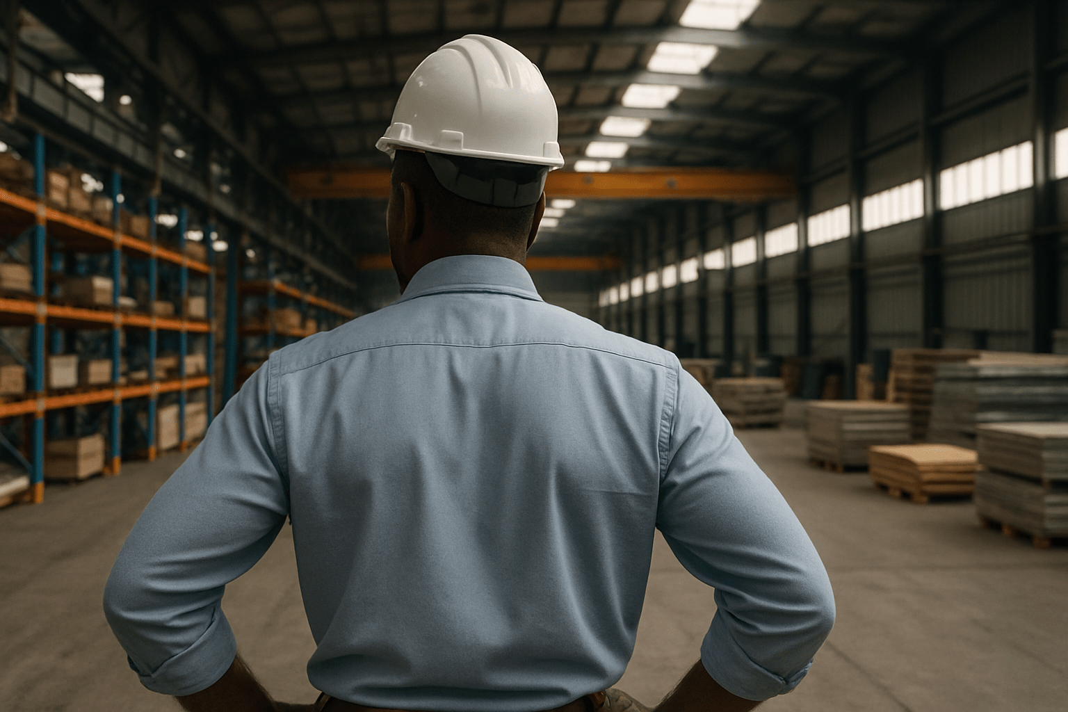 A man wearing a white hard hat and a blue shirt stands with hands on hips, facing a large industrial warehouse filled with pallets and steel shelving.