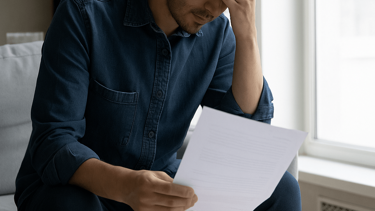 Frustrated man reading insurance paperwork in home setting A concerned man sits on a couch reviewing a document, holding his forehead in frustration. His face is partially covered by his hand, and he is wearing a denim shirt in a softly lit room.