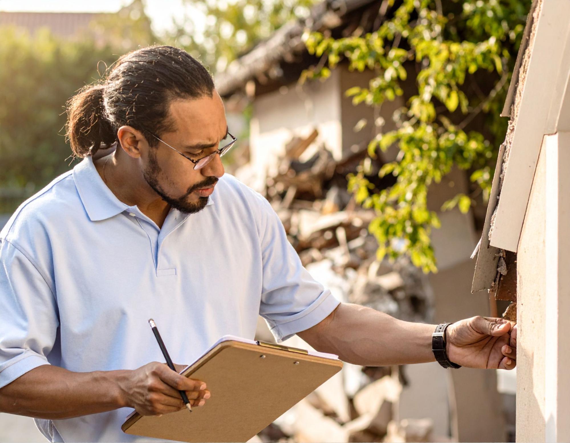 Home insurance adjuster inspecting exterior storm damage with clipboard and pencil.