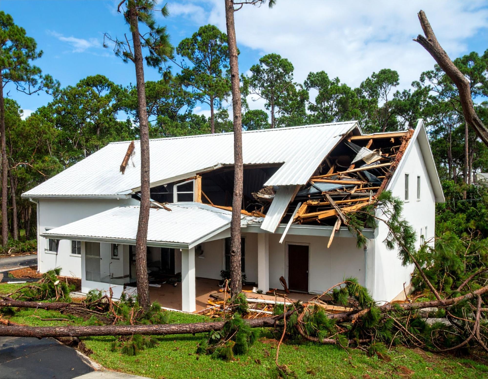 Severe wind storm damage to a white house with a collapsed roof and fallen trees surrounding the property.